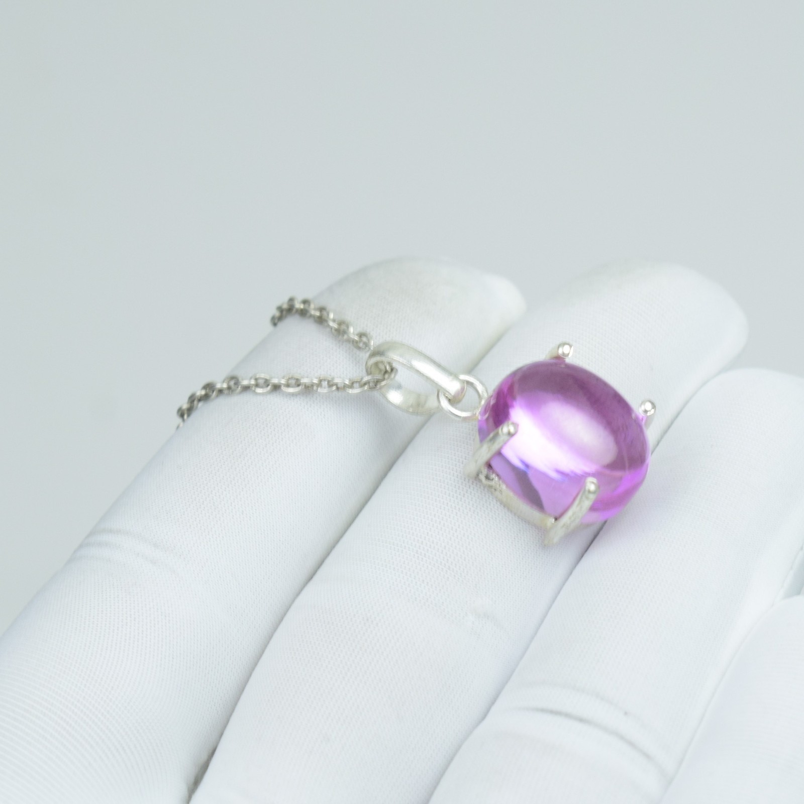 Natural Oval Cabochon Pink Sapphire Necklace, 925 Sterling Silver Pendant,