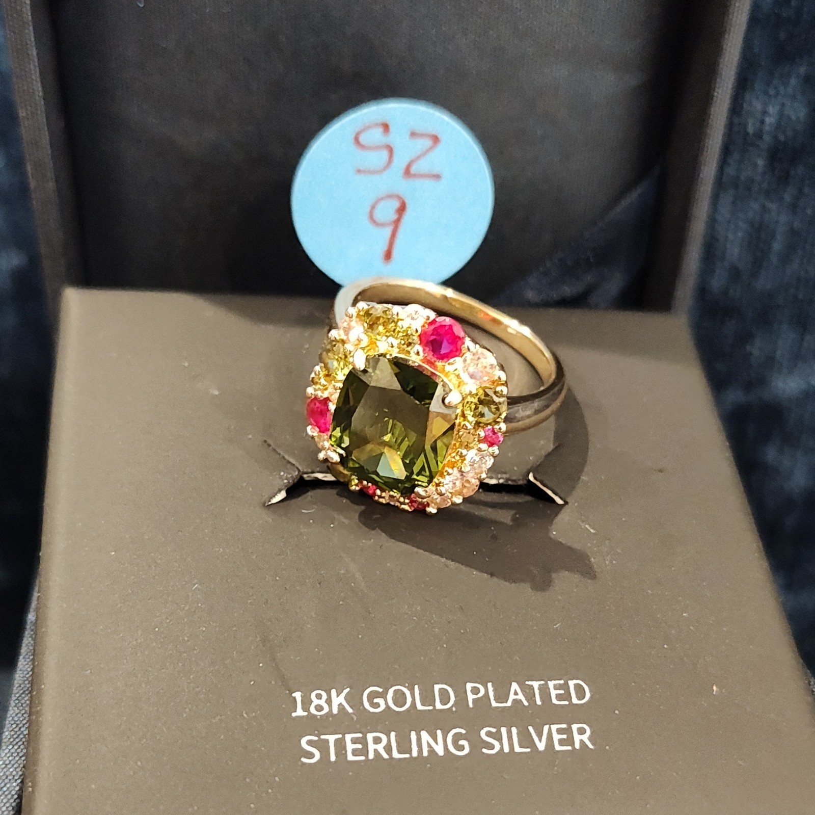 18K Gold Plated Olive Green Cushion Crystal Cocktail Ring Sz 9