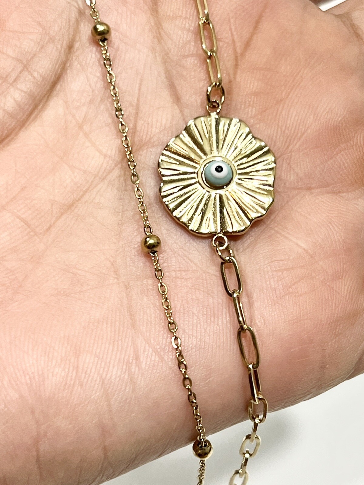 Dainty Gold Evil Eye Sunburst Bracelet Adjustable Layered Protection Jewelry