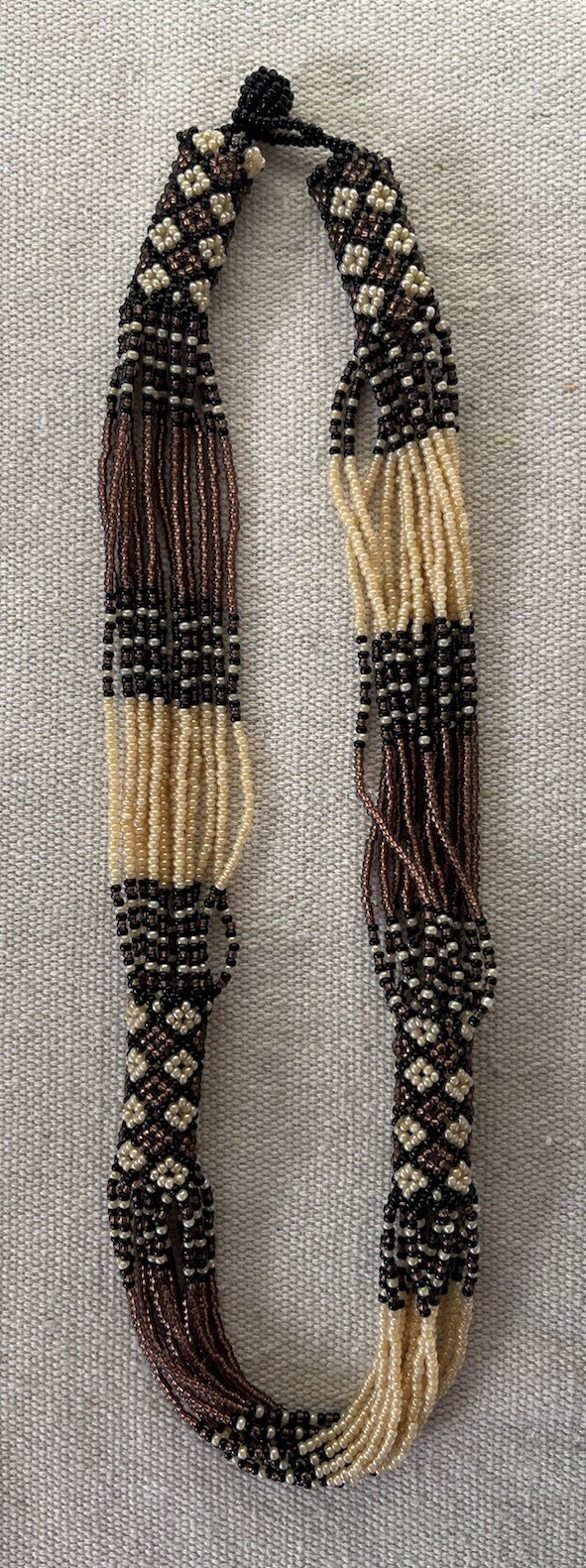 13-Strand Seed Bead Necklace Brown Black Beige 10″ Drop EUC
