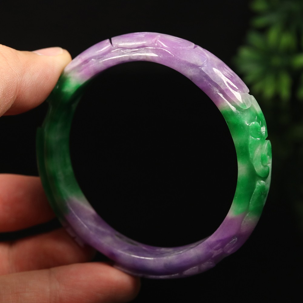 59mm Lavender Purple Green Jadeite Jade Bangle Bracelet Ruyi Rabbit A-14567