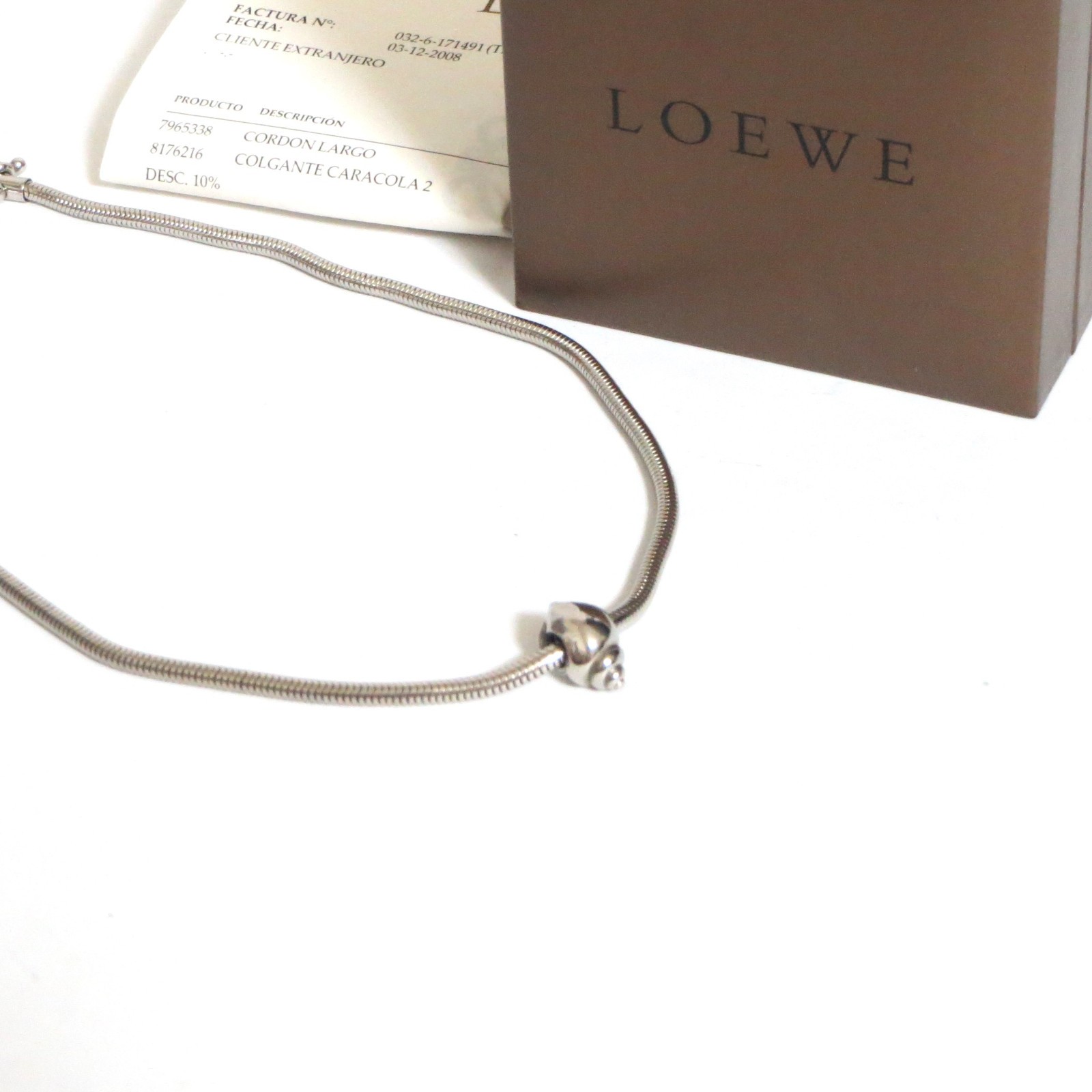 Auth Loewe Shell Charm Pendant Necklace Snake Chain Silvertone 40cm/15.7″ Good i
