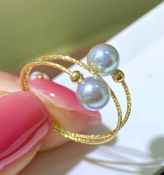 Stunning AAA+ 6-7mm natural Akoya grey round pearl rings 14k Gold Elasticity