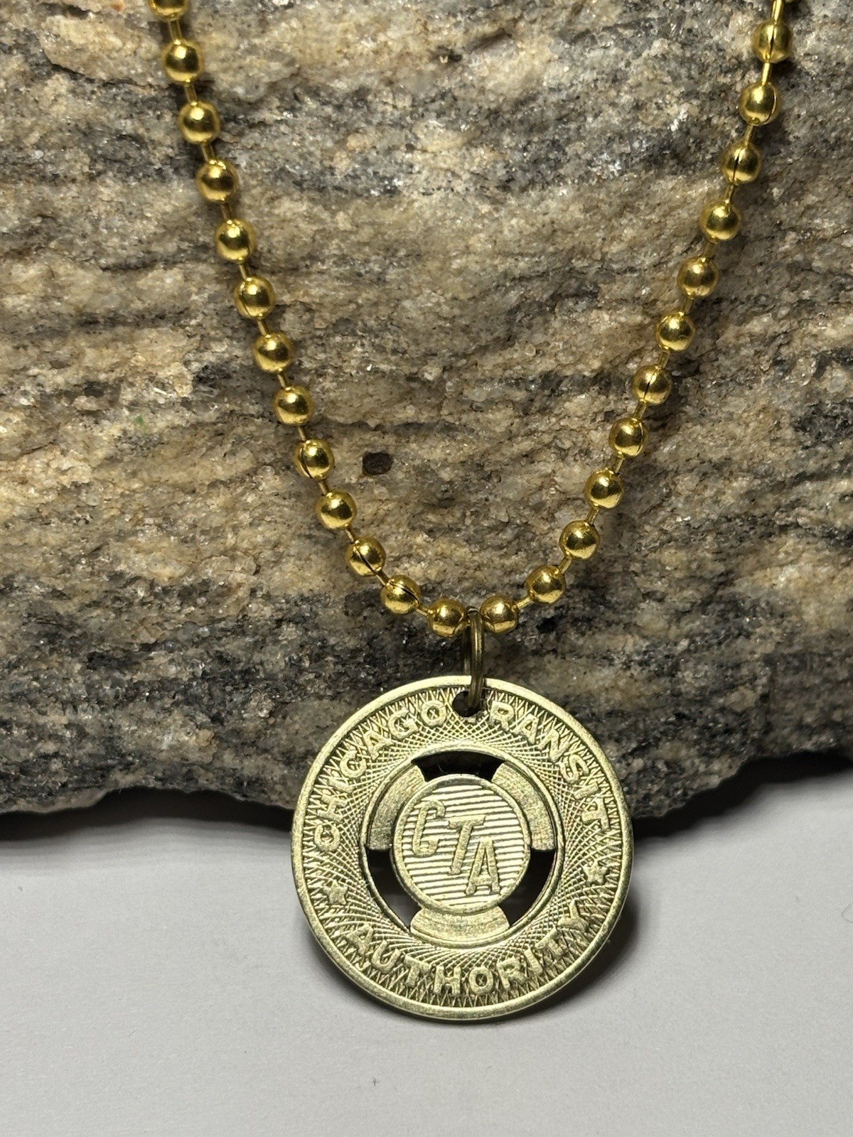 Vintage Chicago CTA Transit Token Necklace Gold Tone Ball Chain. Wear History!