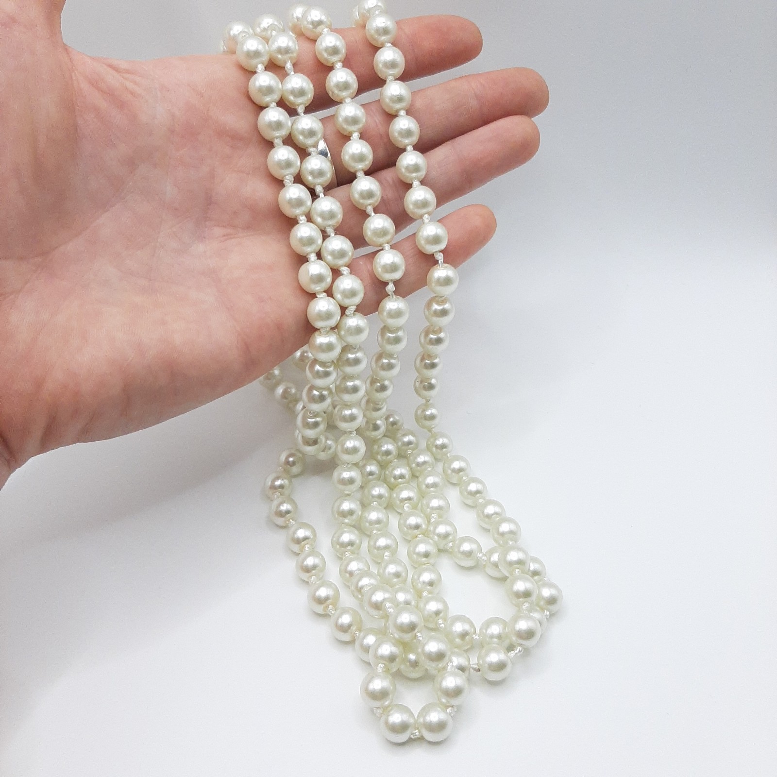 Vintage Silver White High Quality Glass Faux Pearl Single Strand Necklace 60″