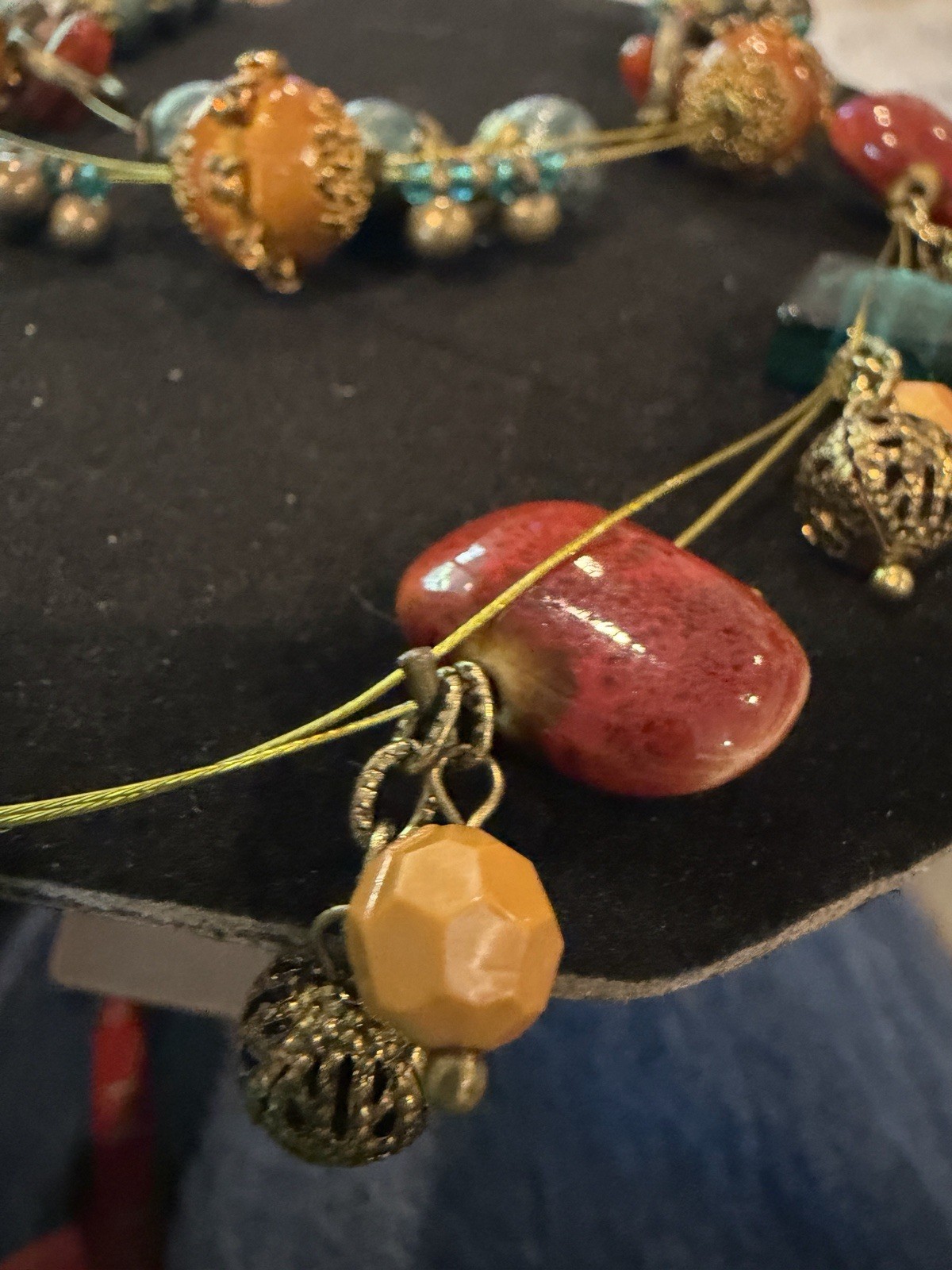 Treska multicolor beaded statement layered necklace glass brass lobster closure