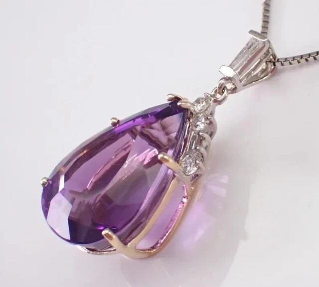 Pear Cut Simulated Purple Amethyst Pretty Pendant Chain In 14k White Gold Plated