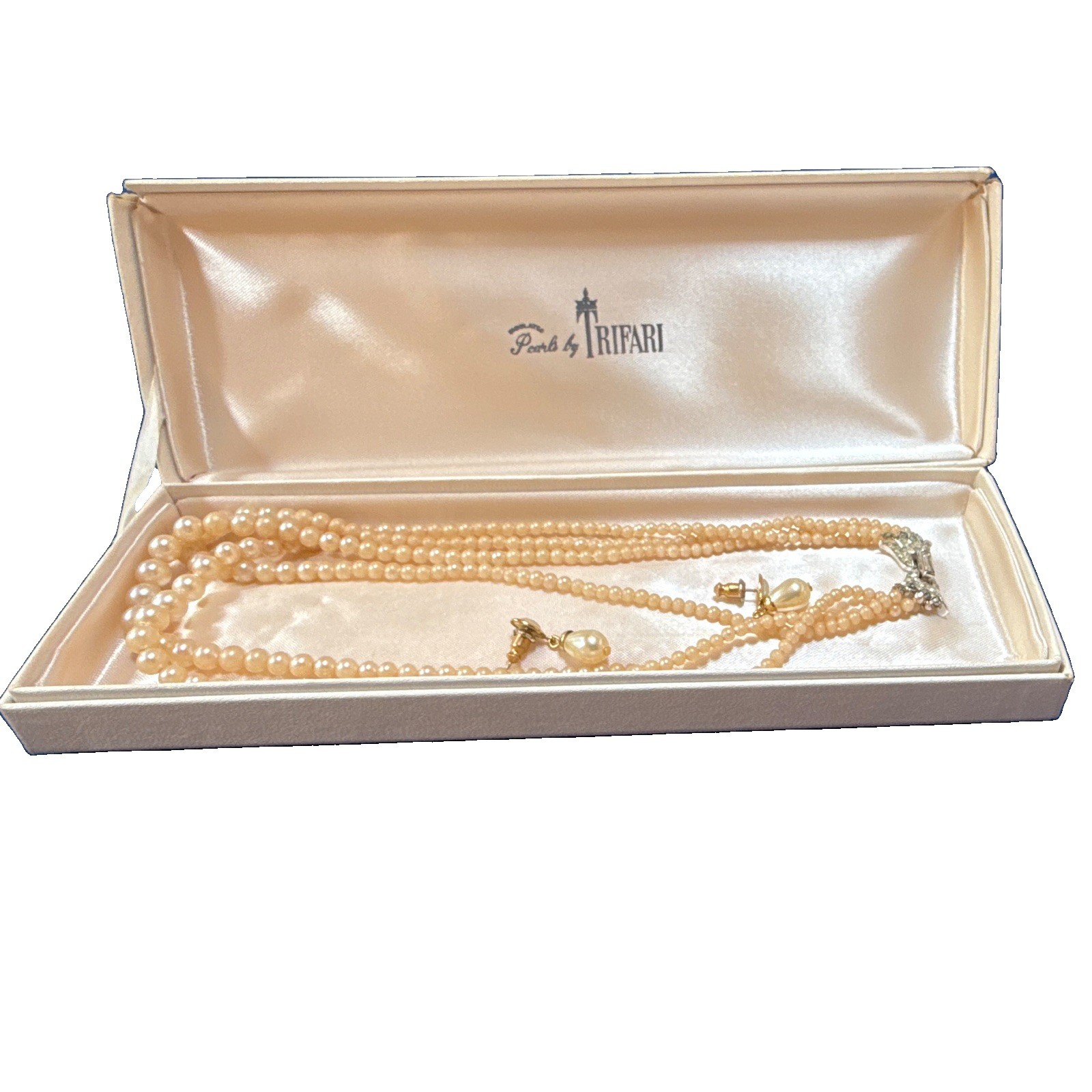 Vintage Crown Trifari 4-Strand Faux Pearl Necklace with Matching Drop Earrings