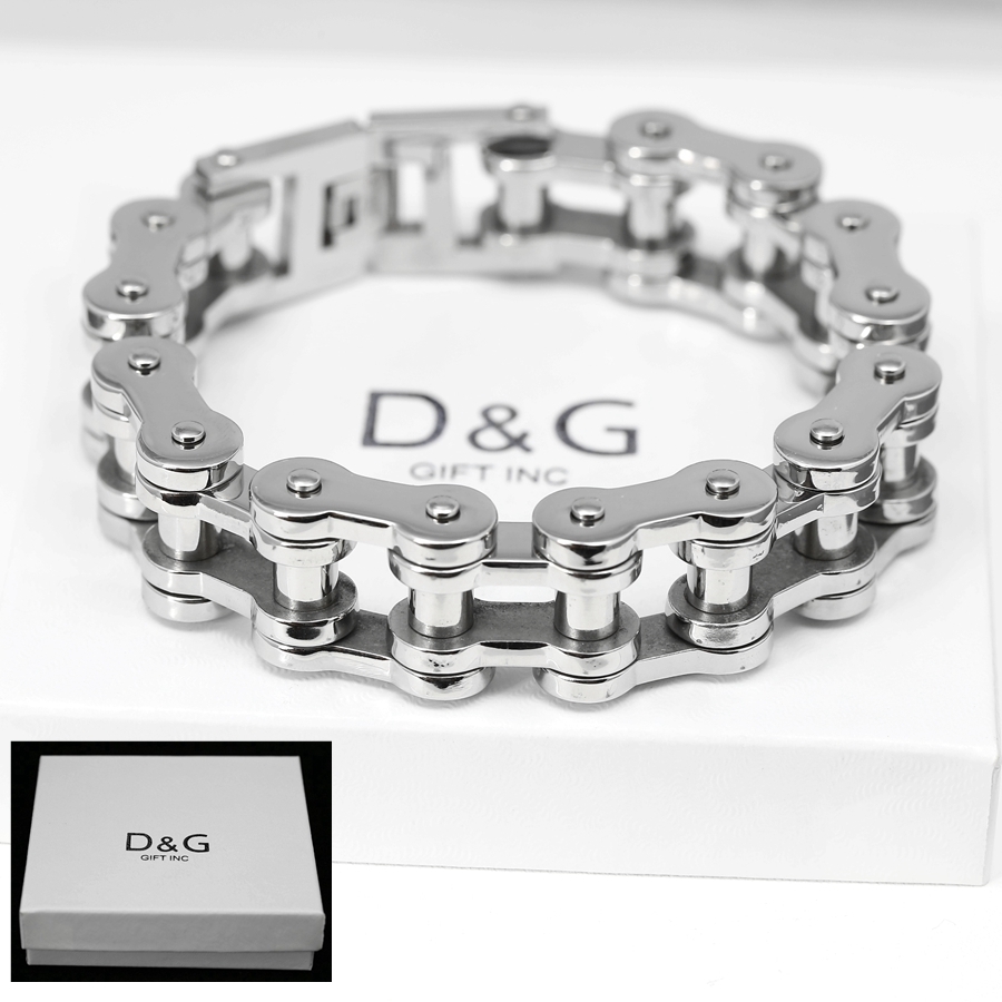 DG Men’s 8.5″Silver.Stainless Steel 12mm Motorcycle Bike Link Chain Bracelet*BOX