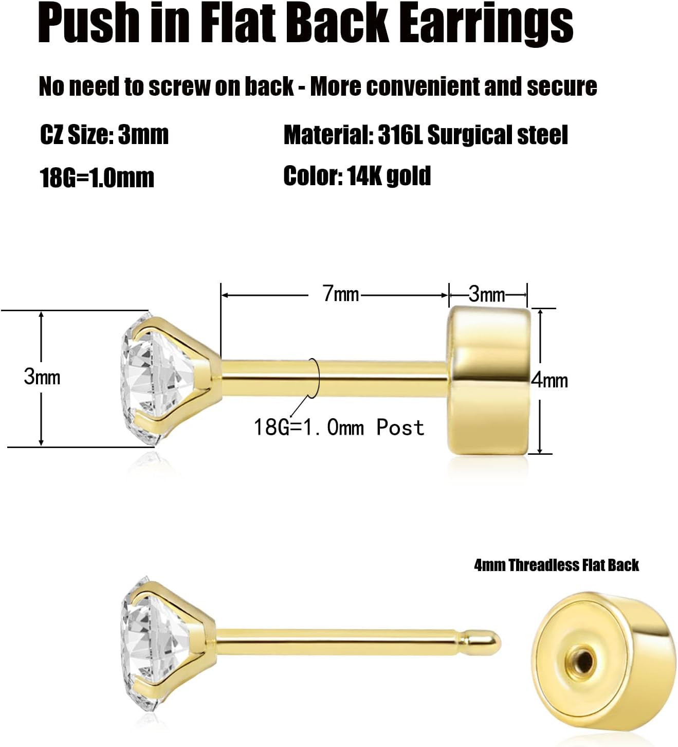 Threadless Flat Back Earrings, Hypoallergenic 14K Real Gold Plated CZ Stud Earri