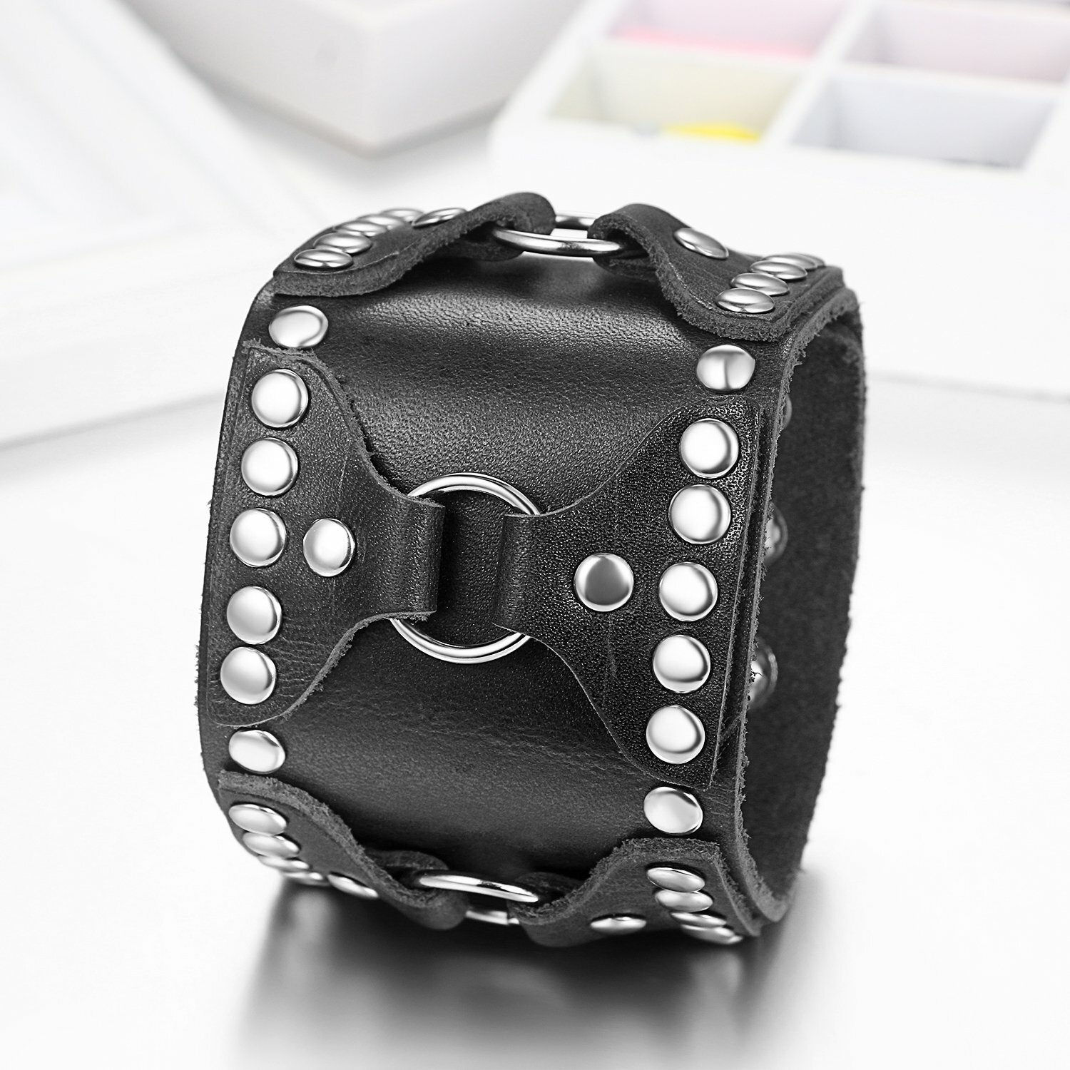 Men’s Punk Biker Gothic Heavy Wide Leather Belt Wrap Bangle Bracelet Wristband