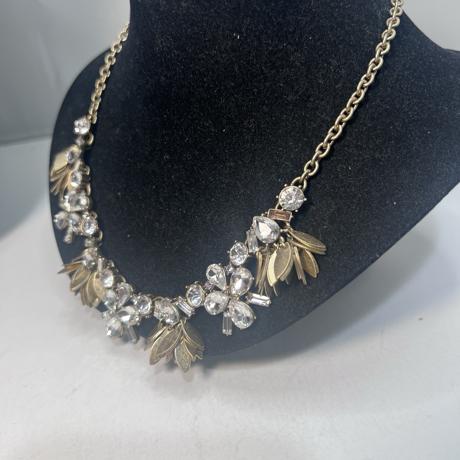 J. Crew Gold Tone Clear Rhinestone Statement Bib Necklace Adjustable Length