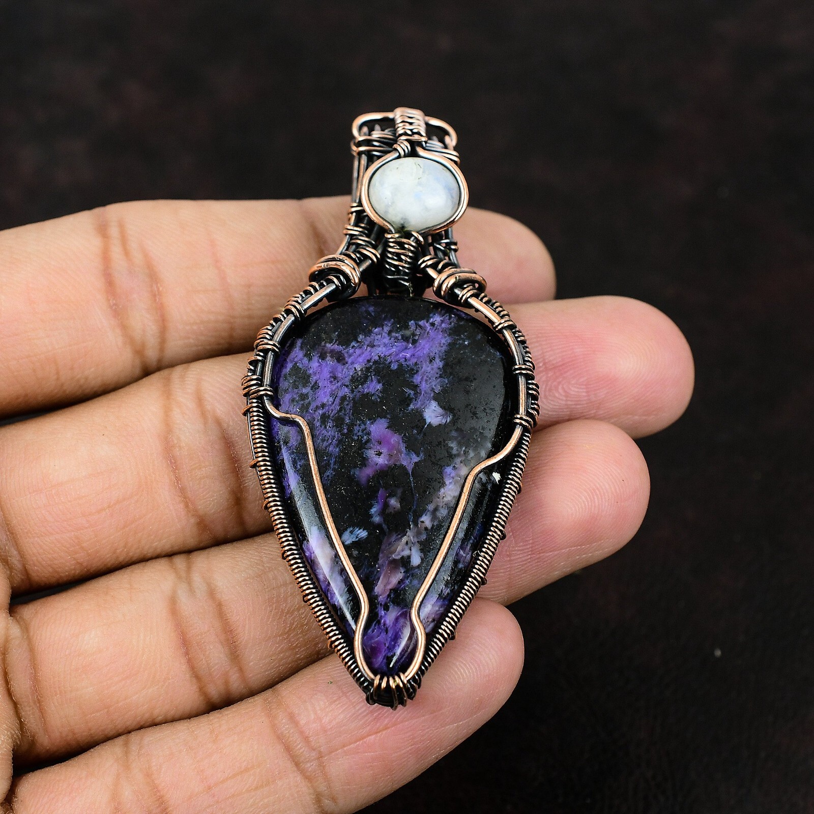 Gift For Her Copper Russian Charoite Gemstone Jewelry Wire Wrapped Pendant 2.87″