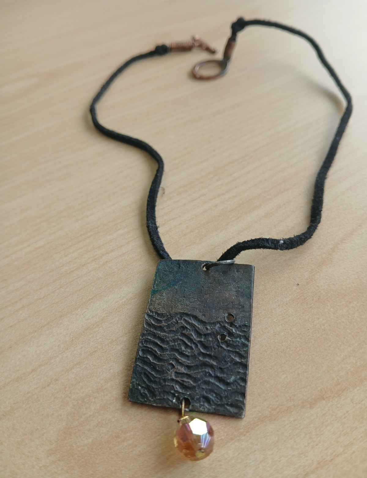 Black Cord Pendant Necklace Rectangle Charm Amber Round Glass Bead Lobster