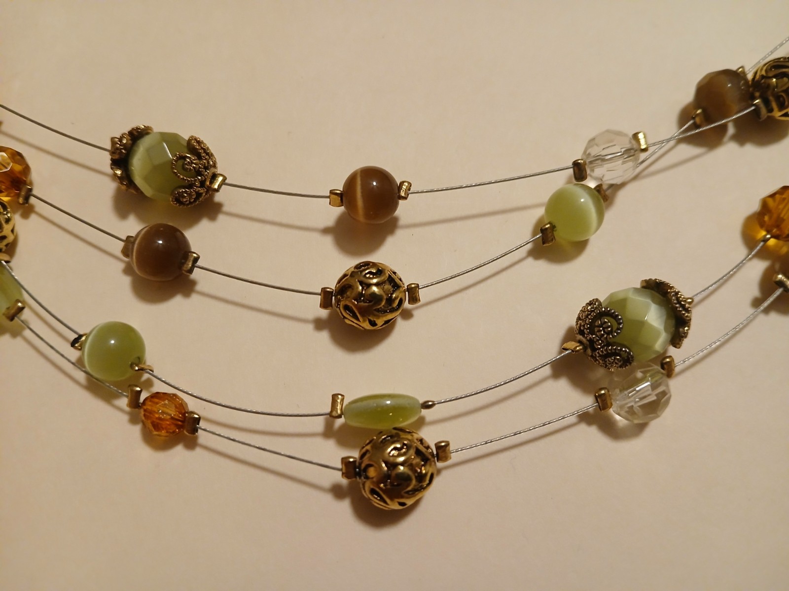 Vintage Lia Sophia Multi-Strand Illusion Necklace Green Amber Cat Eye Beads Gold