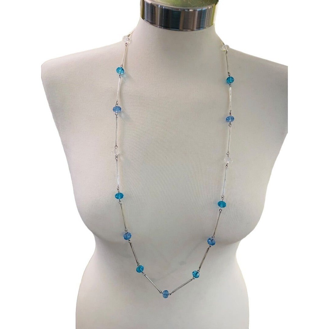 Silvertone Blue Aqua Beaded Overhead 36″ Strand String Necklace