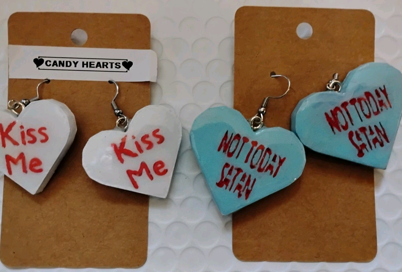 Candy Hearts Earrings Lot Of 2 Homemade Dangling Approx 1.5″ Each