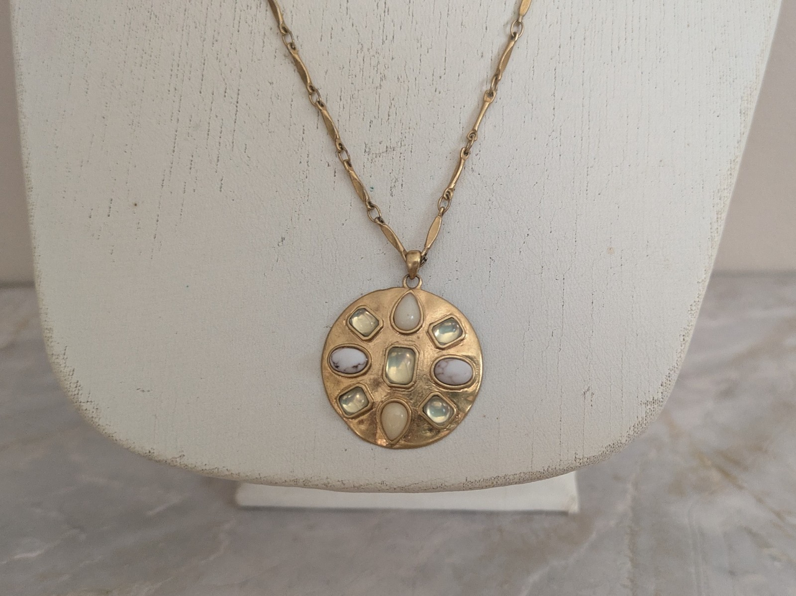 Stella & Dot Gold Tala Pendant Necklace with Yellow, White, Cream Stone Detail