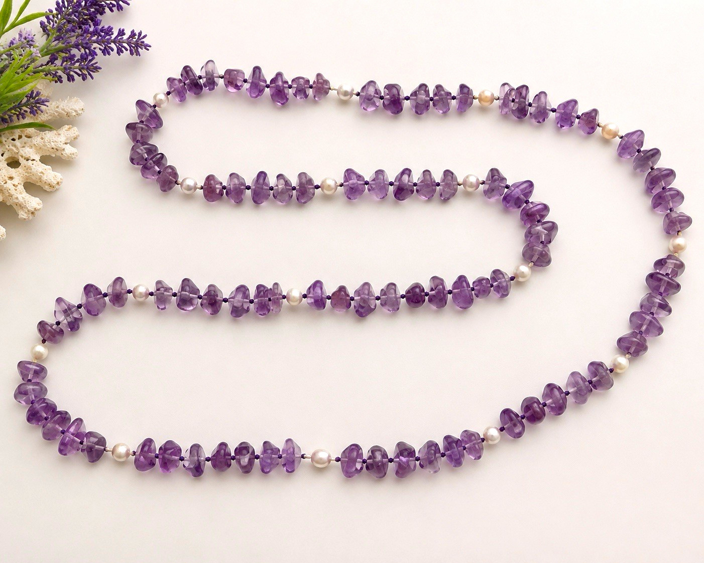 Genuine Amethyst nugget Beaded Strand Necklace freshwater pearl spacer.