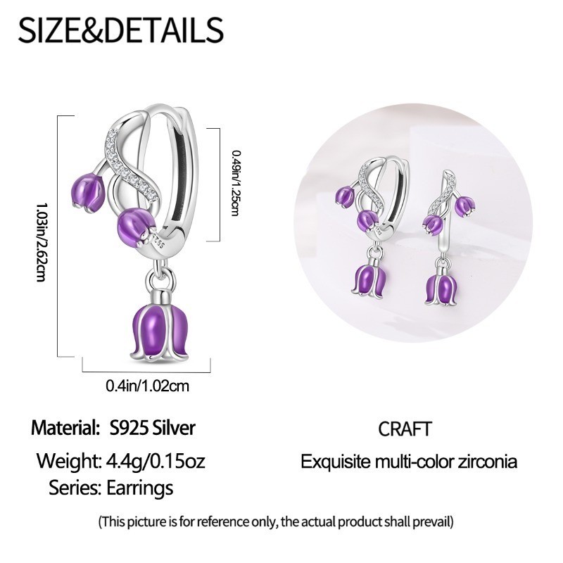 PANDACH 925 Sterling Silver Purple Lily of the Valley Vine Drop Hoop Earrings