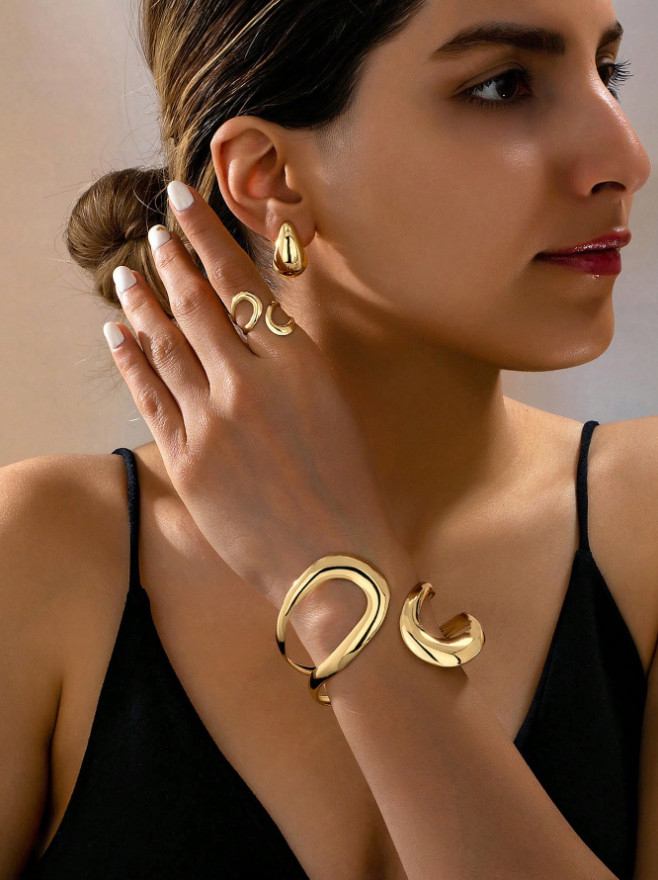 4 Pcs Jewelry Set Bracelet Earrings Ring Thick Cuff Teardrop Bangle For Women US