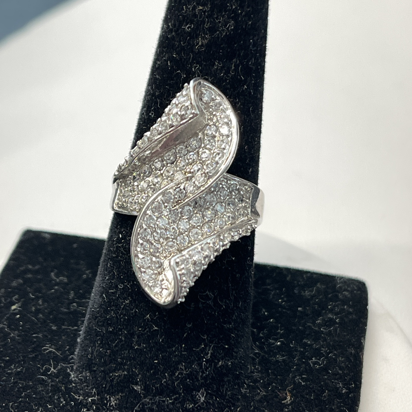 Pave Set CZ Clear Stone Open Back Abstract Statement Rhodium Plated Ring Sz 8