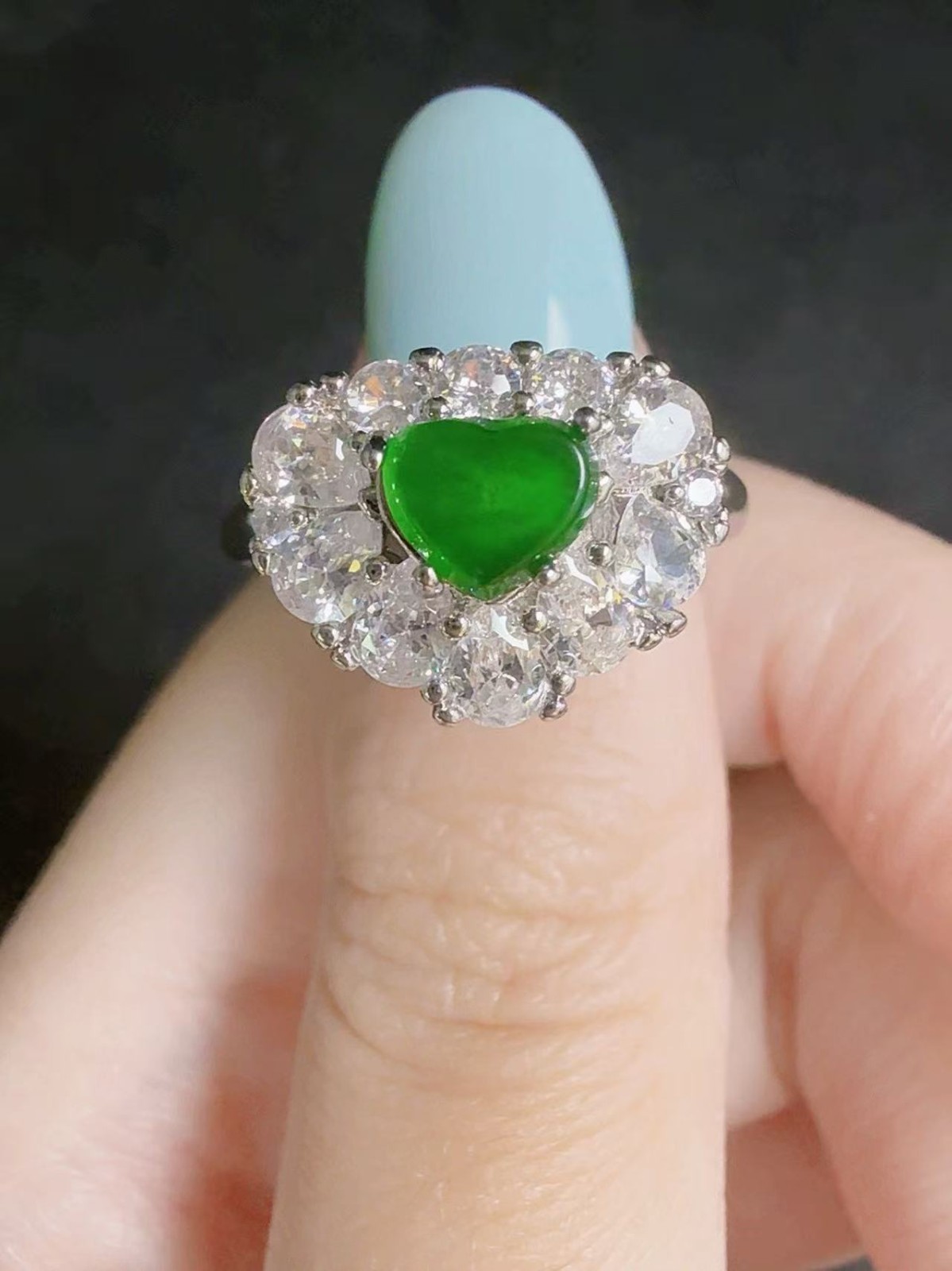Nice Natural Imperial green jadeite heart ring