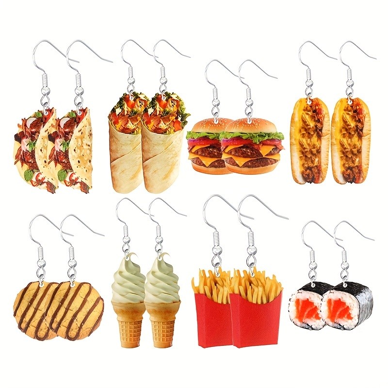8 Pairs of Food-themed Pendant Earrings, Featuring Adorable Designs of Fries