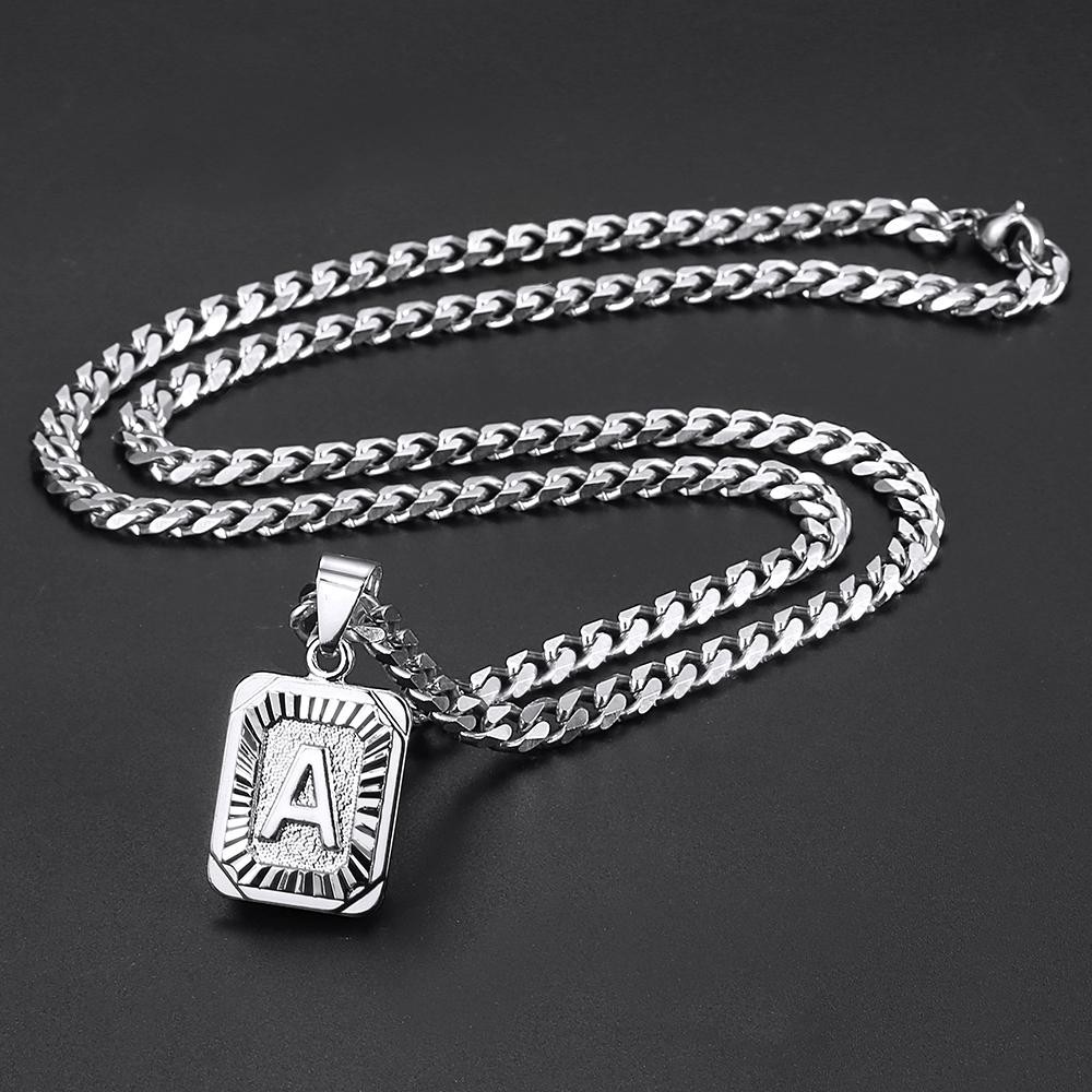 Stainless Steel Initial Necklace Square Name Letter A-Z Pendant W/Cuban Chain