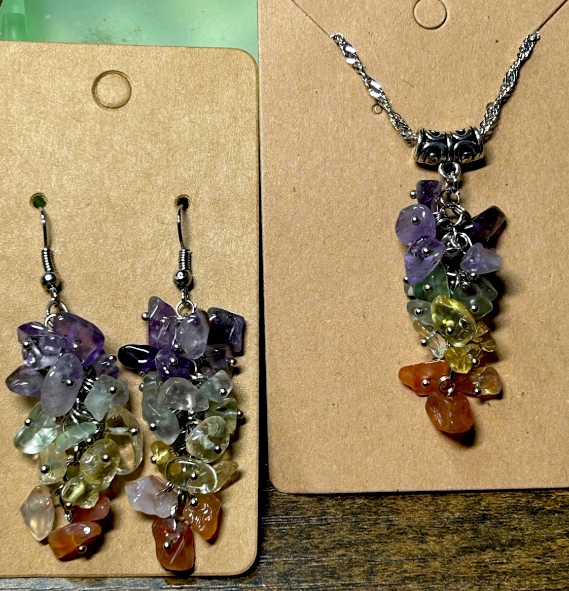 Natural 7 Gemstone Cluster Hook Earrings And Necklace Set Chakra Healing