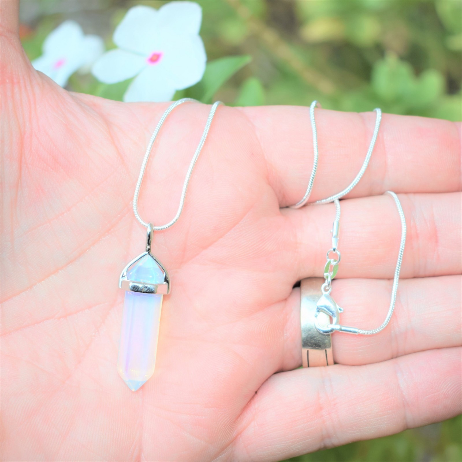 Faceted Radiant Opalite Crystal Pendant + 20″ Stainless Steel Chain & Charger