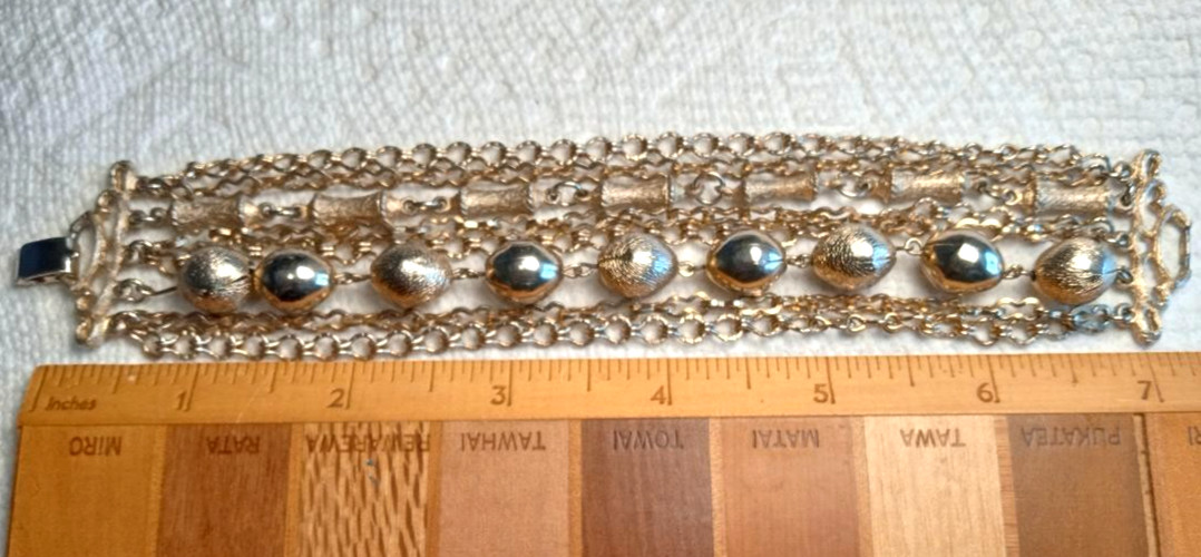 Vintage Gold Color Multi Strand Bracelet Textured Beads Bar Links 7″ No Mark