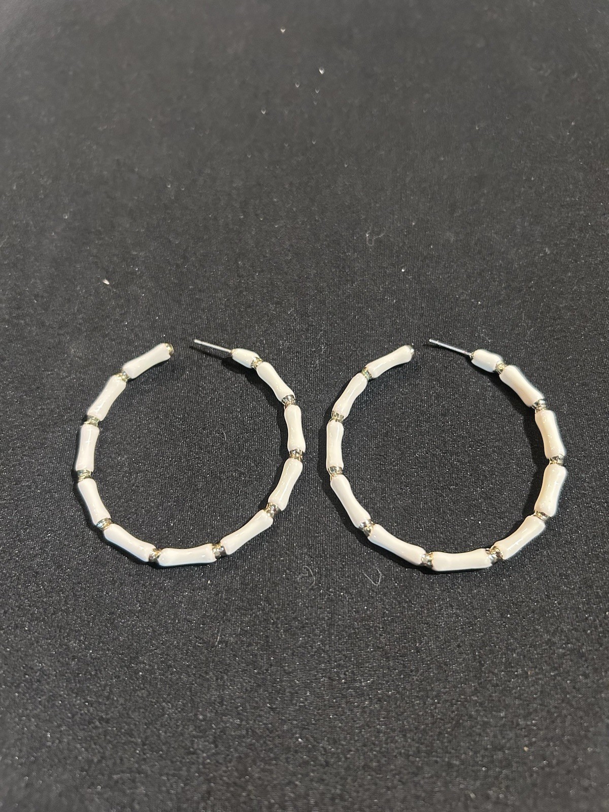 White Bamboo Hoop Earrings, Gold Tone Accents, Round Shape