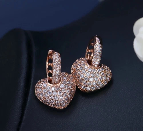 18k Rose Gold Plated 3D Heart Pendant Necklace Earrings made Simulated Diamond