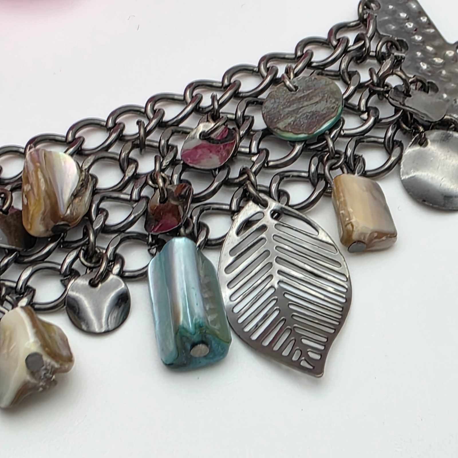 Gunmetal Multi Strand Charm Bracelet, Boho Shell Stone Dangle, Wide Statement 8″