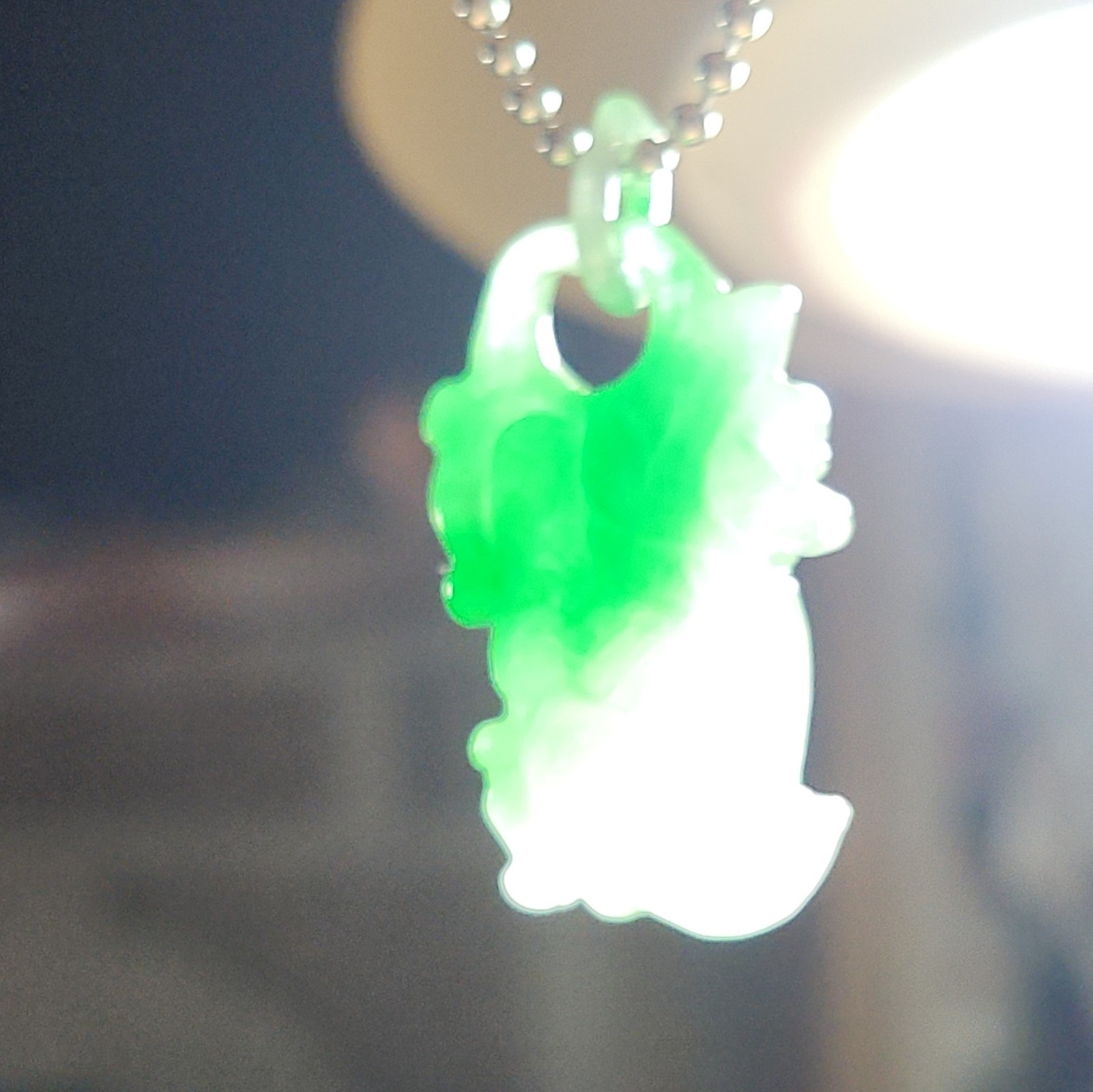 Hand Carved Jadeite Gr/Wh Snow Moss Dragon Carp Pendant 925 SS Ball Chain 18″