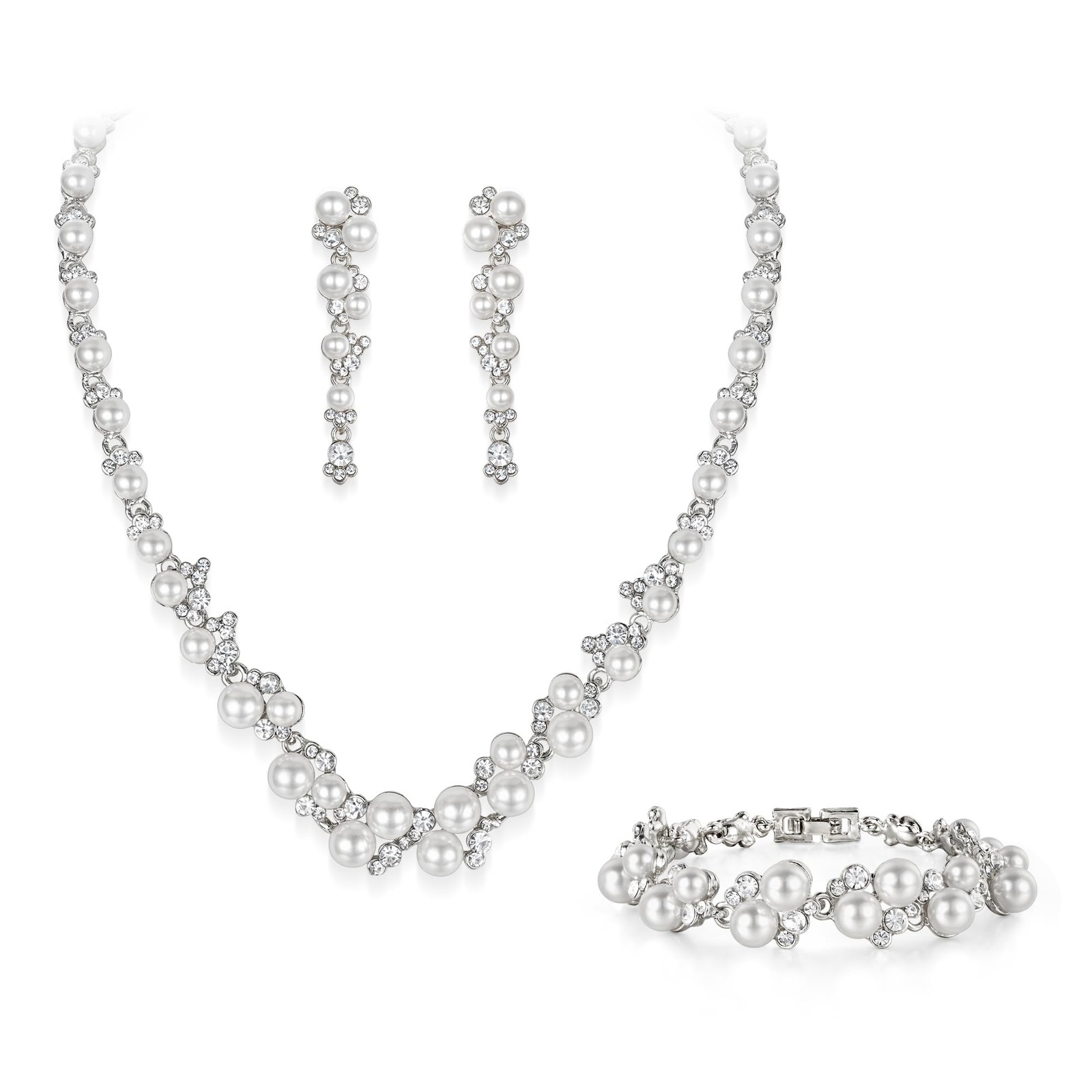 Simulated Pearl Crystal Bridal Necklace Earrings Bracelet Set Silver-Tone White