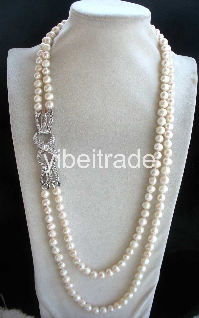 2rows freshwater pearl white near round 8-9mm necklace 24-26inch