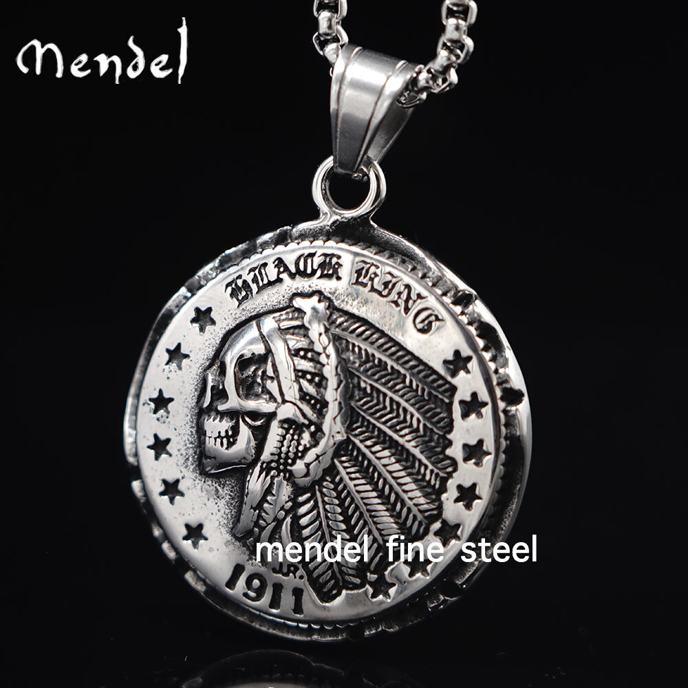 MENDEL Mens Native American Indian Chief Punk Biker Coin Skull Pendant Necklace