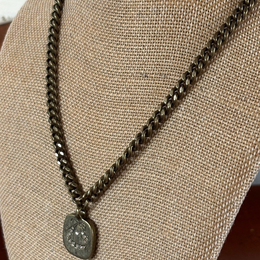 Antique Brass Curb Chain Celestial Medallion Necklace Rhinestone Moon Star Heart