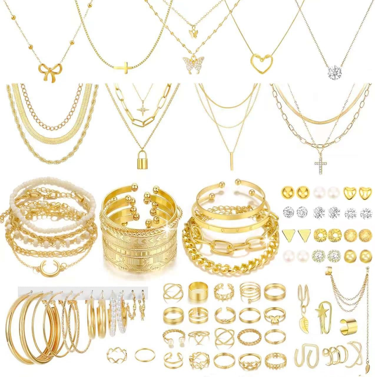 92 Pcs Gold Jewelry Set for Women-Includes 9 Layered Necklaces,16 Bracelets,43 H