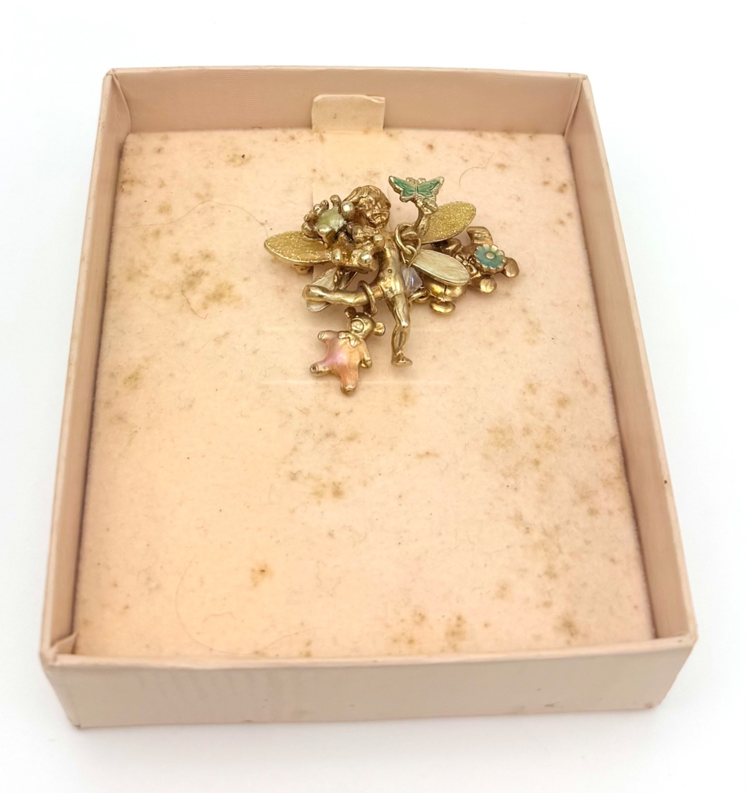 VTG Kirks Folly Fairy Brooch Pin Gold Tone Dangle Bears Butterfly Enamel Signed