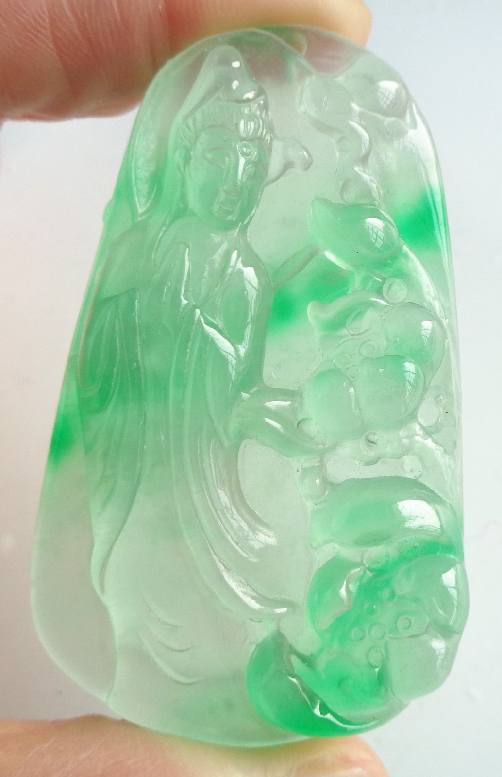 Wonderful Icy Green Jadeite Carved Guanyin Kwan Yin God Pendant