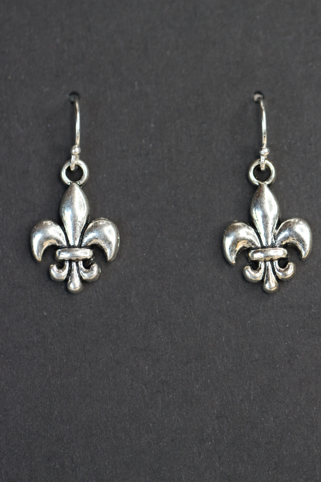 Fleur De Lis Charm Earrings 925 Sterling Silver Hooks Pewter Charms 1 1/8″ Paris