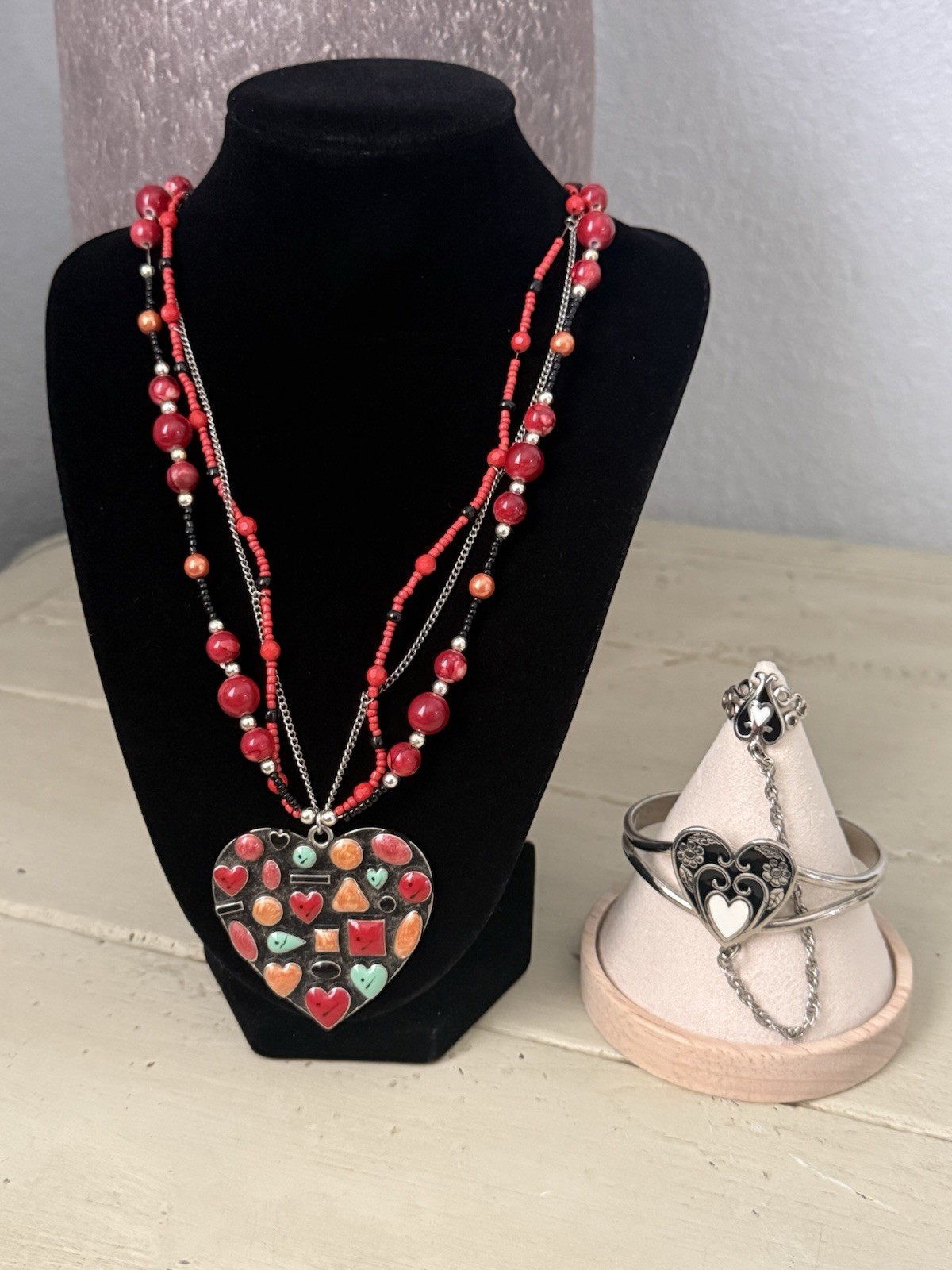 Heart Pendant Beaded Necklace & Heart Slave Bracelet Ring Set Boho Statement