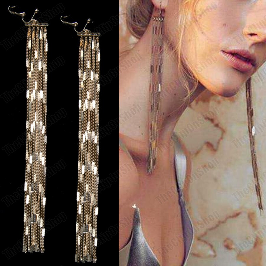 CLIP ON 20cm very long GOLD FASHION EARRINGS glittering chains strand tassel