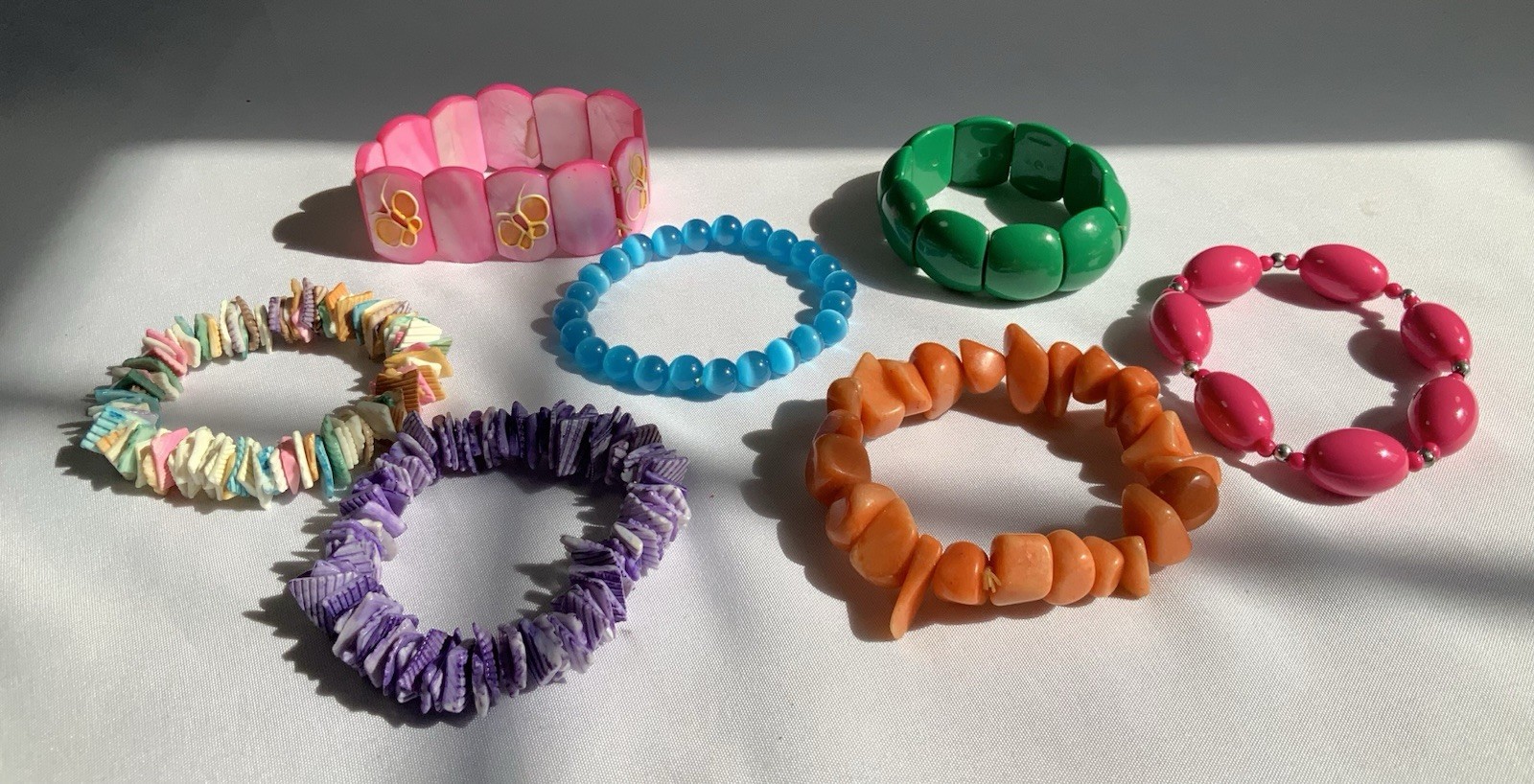 Lot Of 7 Fashion Bracelets Various Materials 1 Stone Pink Blue Orange