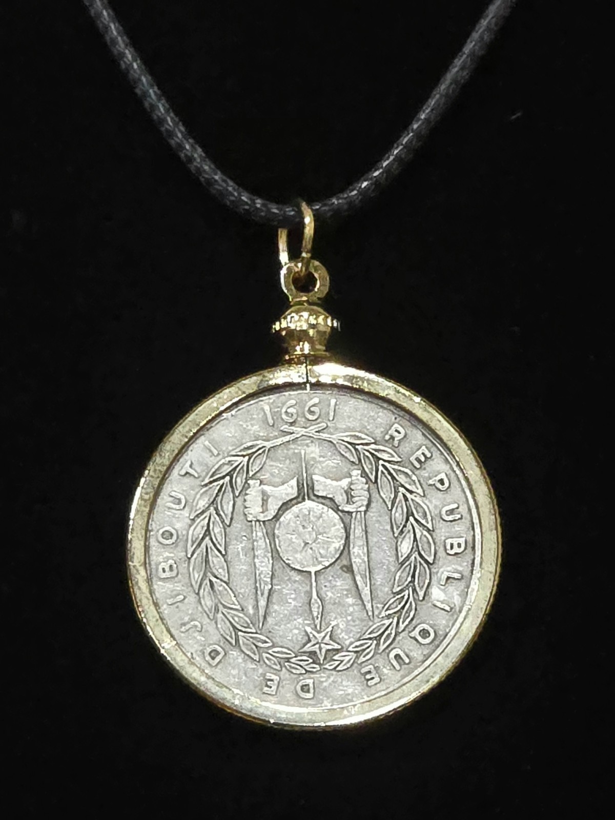 Coin Djibou 2007 Pendant Necklace Silver Tone With Black Cord Genuine Coin