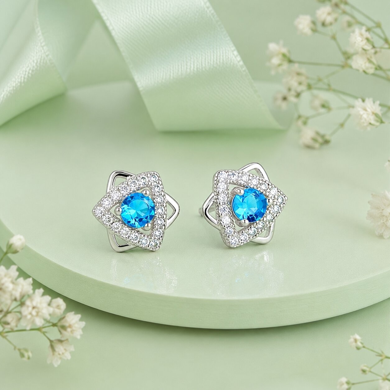 925 Sterling Silver Blue Cubic Zirconia Halo Star Stud Earrings for Women