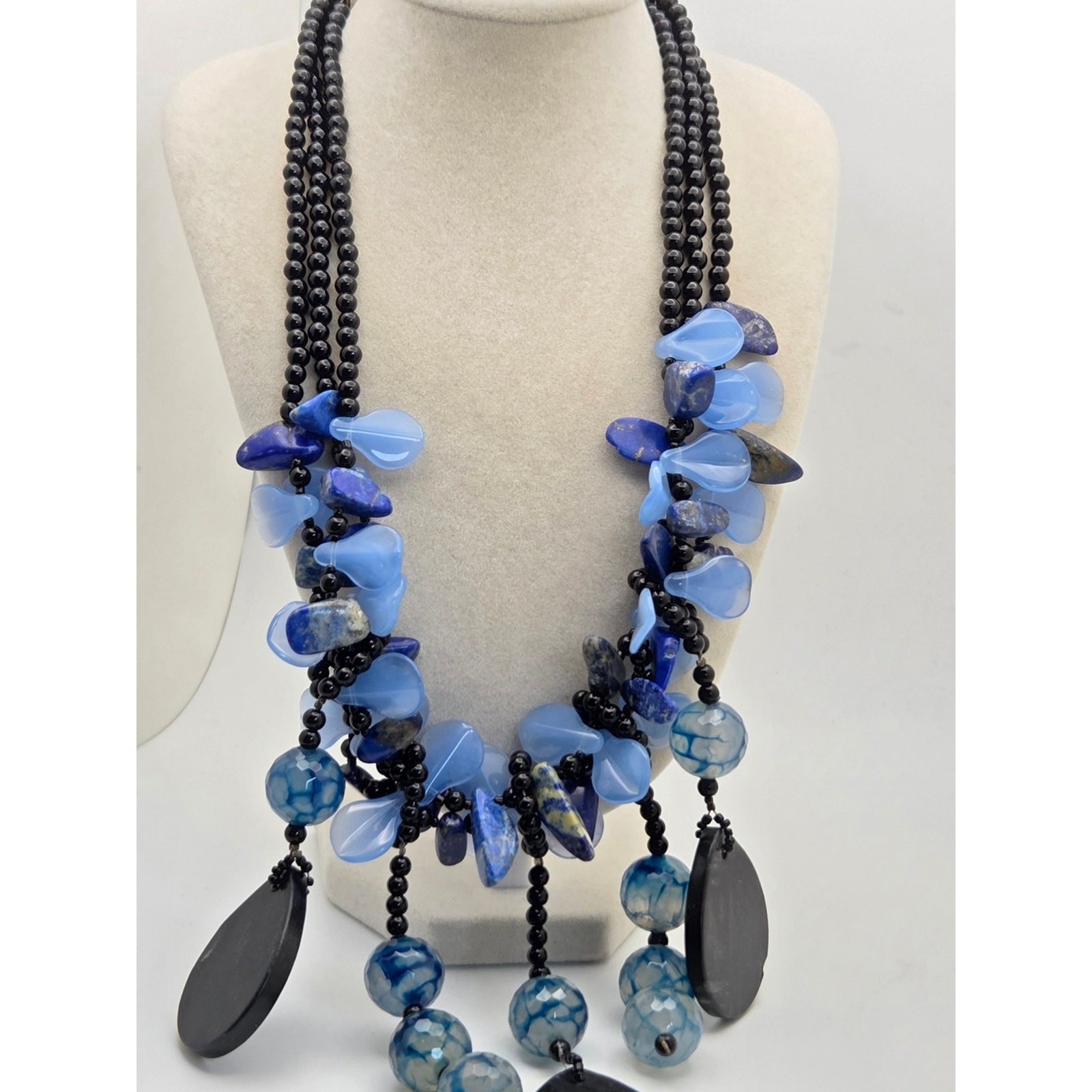 Artisan Statement Necklace Lapis Lazuli Blue Chalcedony Dragon Vein Agate 19”